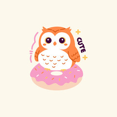 Cute Cartoon owl sitting donut Vector illustration hand drawn