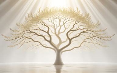 Glowing golden tree with light rays and reflections on white isolated on a transparent background