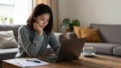Young asian woman working from home using laptop