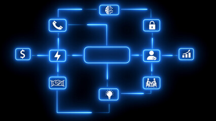 Blue neon flowchart with icons for business technology and communication on black graphic design