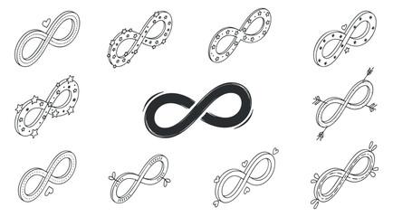 A collection of infinity symbols with various decorative elements in black and white minimalist vector style, perfect for tattoo designs or creative projects