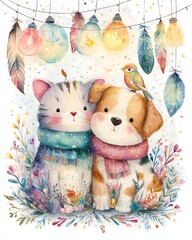 Cute cat and dog in cozy winter scarves.