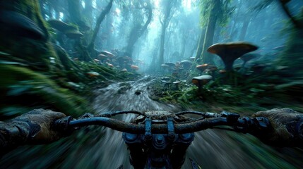 Forest Biking Adventure: POV of Ride Through Mossy Woods