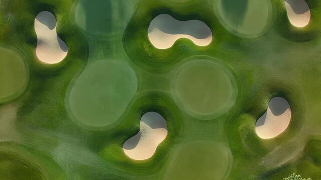 Aerial view of a golf course featuring various sand traps and manicured grass patches, highlighting landscape design and recreational activities.