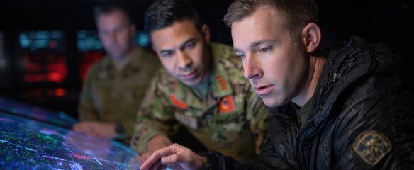 Commanders eagerly chat strategy around a bright screen buzzing with importance.