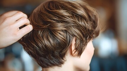 Hairdresser providing a professional haircut service, carefully styling a woman's short brown pixie cut with fingers, focusing on the texture and modern look of the hairstyle in a beauty salon