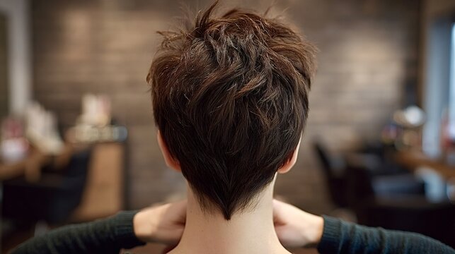 Woman showing her freshly styled dark brown short pixie haircut with a distinct v cut nape, highlighting the modern and trendy finished look at a hair salon