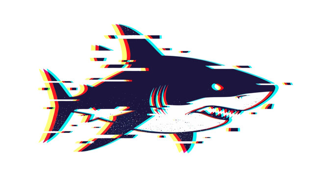 Glitch art of a shark against a white background showcasing digital distortion effect