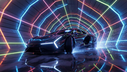 Dynamic Car Drifting in Neon Lit Tunnel with Energetic Mood and Glossy Tone Captured from Low Angle