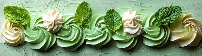 Obraz premium A delightful arrangement of swirling green and white icing adorned with mint leaves, creating a fresh and vibrant dessert presentation that appeals to the senses.