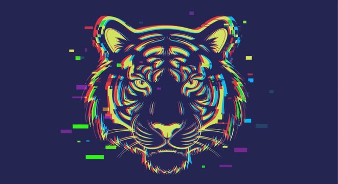 Colorful glitch art tiger head illustration with vibrant pixelated design