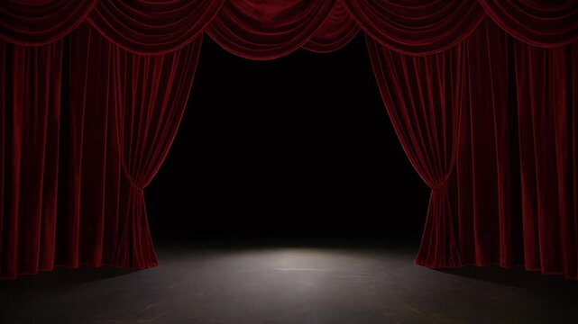 A dimly lit stage with rich red velvet curtains, set for a performance. The glossy wooden floor reflects soft light, implying theater, drama, and entertainment.