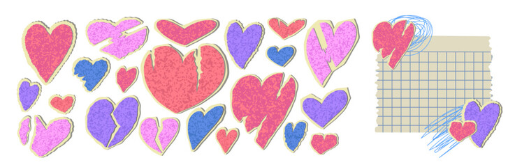 Collage scrapbook torn heart stickers. Cutout funky shapes for collage valentine design. Shape love doodle scrap.