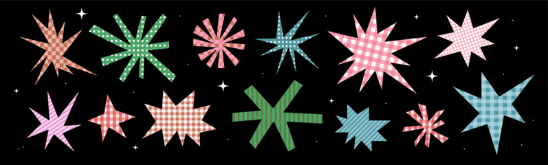 Set of tear paper stars with checkered pattern. Cut color explosion shapes with torn edge. Shape love doodle scrap. Vector illustration