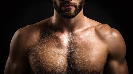 Muscular man displaying his masculine, strong torso and hairy chest, highlighting concepts of fitness, strength, and confident masculinity against a dark background