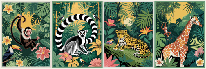 Obraz premium Vibrant poster set illustration of jungle animals including howler monkey, toucan, lemur, jaguar, and giraffe among tropical foliage and flowers.