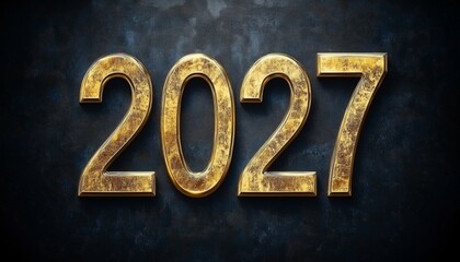 Golden 2027 Year Celebration, Embossed 3D Render of Numeric Representation, Anticipating Future.