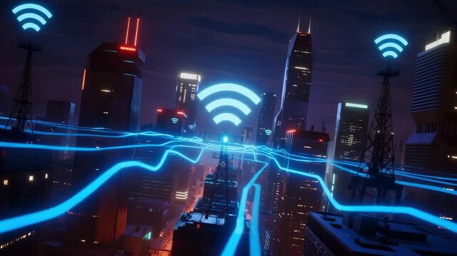 Futuristic city skyline with illuminated buildings and wireless signal icons, showcasing technology, connectivity, urban lifestyle, and innovation.
