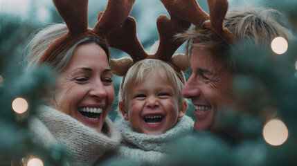 Happy caucasian family wearing reindeer antlers and smiling outdoors during Christmas holiday. Joyful winter moment for greeting card.