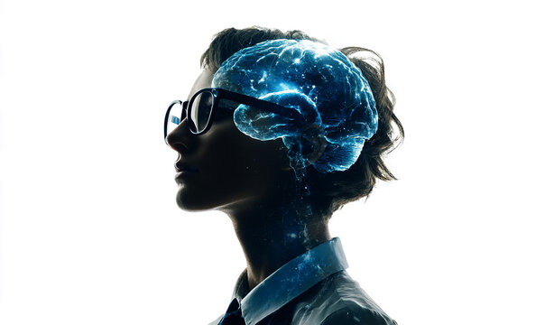  girl short hair in glasses is thinking about something futuristic and high-tech