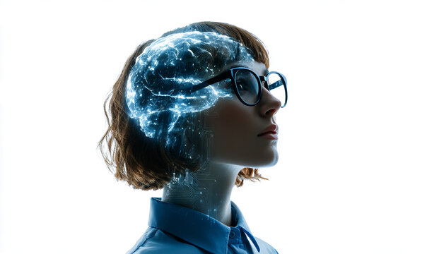  girl short hair in glasses is thinking about something futuristic and high-tech