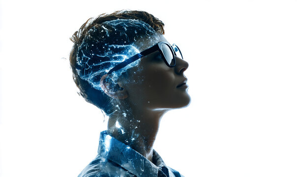  girl short hair in glasses is thinking about something futuristic and high-tech