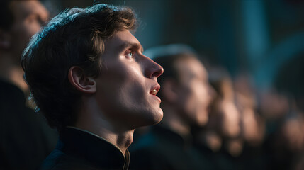 Young caucasian man singing in choir with mouth open, illuminated by light. Concert performance and spiritual music. Holiday performance.