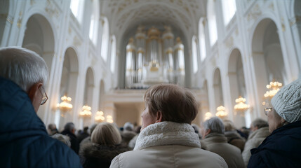 View from behind a woman and man during a church service, with a large organ and arched interior in the background, religious event.