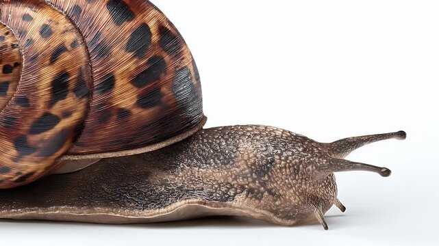 Close up of a snail with a patterned shell.