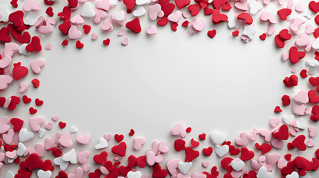 Sweet Hearts: A vibrant arrangement of heart-shaped candies in shades of red and pink forms a delightful border, inviting attention to a blank space that awaits a heartfelt message.