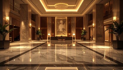 夜の照明が美しい豪華ホテルロビー