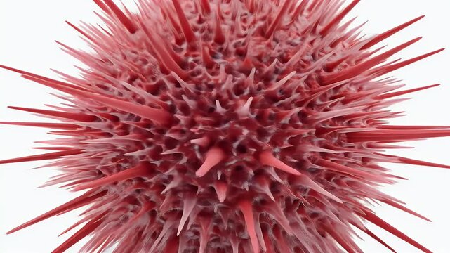 Close-up of a vibrant red sea urchin on a white background.
