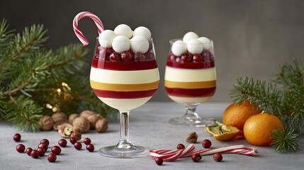two glasses with trifle. candied cranberries, meringue balls, and chocolate on top