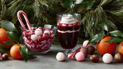 two glasses with trifle. candied cranberries, meringue balls