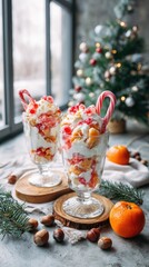two miniature christmas trifles with cherry jam, cream, and chocolate in glasses