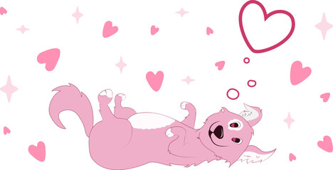 Sweet vector cartoon pink dog lying on its back dreaming of love with a heart thought bubble, perfect for Valentine's Day and romantic pet-themed graphics.