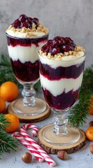 two miniature christmas trifles with cherry jam, cream, and chocolate in glasses 