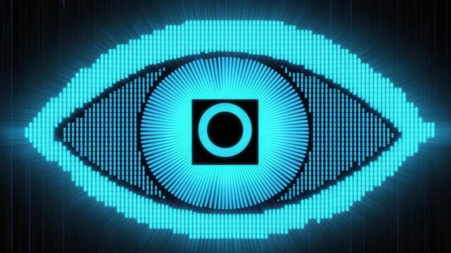 Glowing blue eye with digital pattern on black background for tech concept