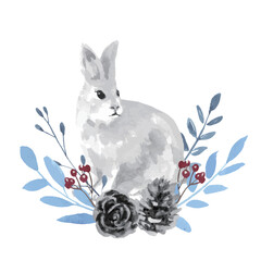 Watercolor rabbit  with Winter Botanicals and Pine Cones