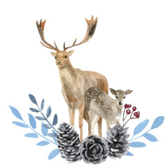 Watercolor deer with Winter Botanicals and Pine Cones
