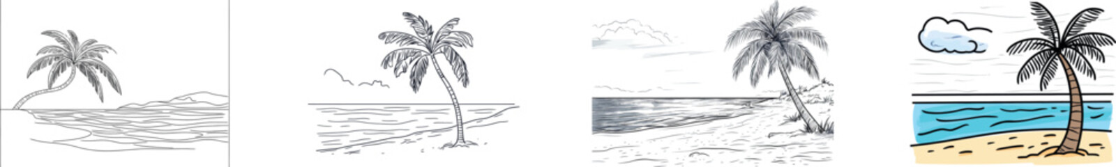 Continuous single one line art sketch drawing in modern illustration style, showcasing a beach sea with palm coconut tree in a tropical summer landscape setting