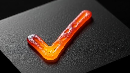 A vibrant orange check mark symbol made of liquid or gel material on a dark textured surface.
