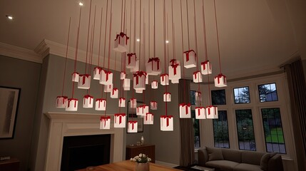 30 gift boxes hanging from the ceiling in red and white paper with bows