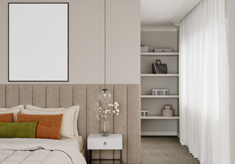 Modern Bedroom Interior with Blank Wall Frame Above Upholstered Headboard, Soft Neutral Colors and Minimalist Home Design