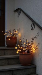 christmas decorations ideas with pots of lights, pine branches, and small stars in terracotta flowerpots 