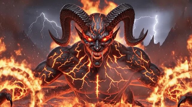 Terrifying devil emerges from flames in hellish landscape, evil smile.