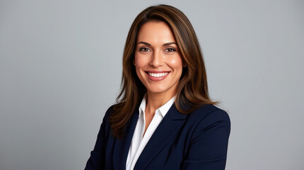 Confident businesswoman smiling in a sleek corporate office, radiating success, leadership, and professional empowerment