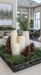 christmas centerpiece with candles and pine cones in a tray on a coffee table