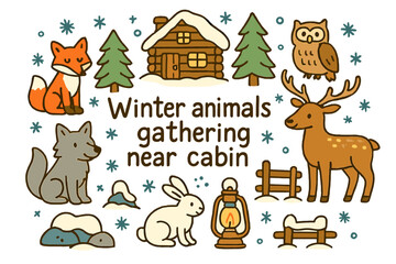 Naklejka premium Winter Gathering Scene. Winter animals gathering near cabin. Hand-drawn doodle illustration of Winter animals