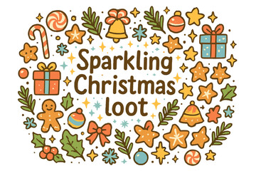 Festive Holiday Treasures. Sparkling Christmas loot. Hand-drawn doodle illustration of Sparkling Christmas